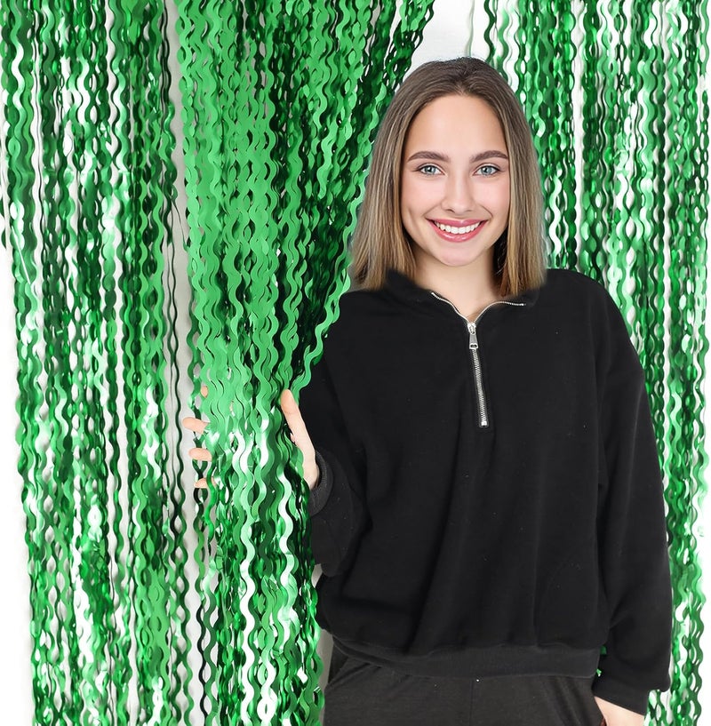KEEUH 4Pcs Wavy Green Fringe Backdrop -3.3x6.6ft Green Streamer Foil Curtains for Jungle Party Decorations | St Patricks Day Decorations | Football Decorations | Xmas - Image 5
